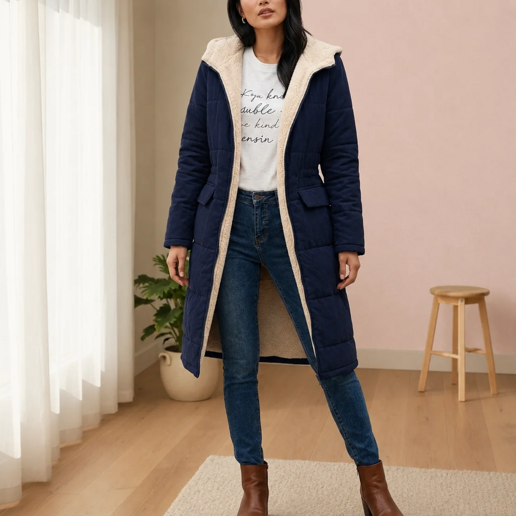 Lange Daunenjacke Damen mit Kapuze und kuscheligem Futter | J&B