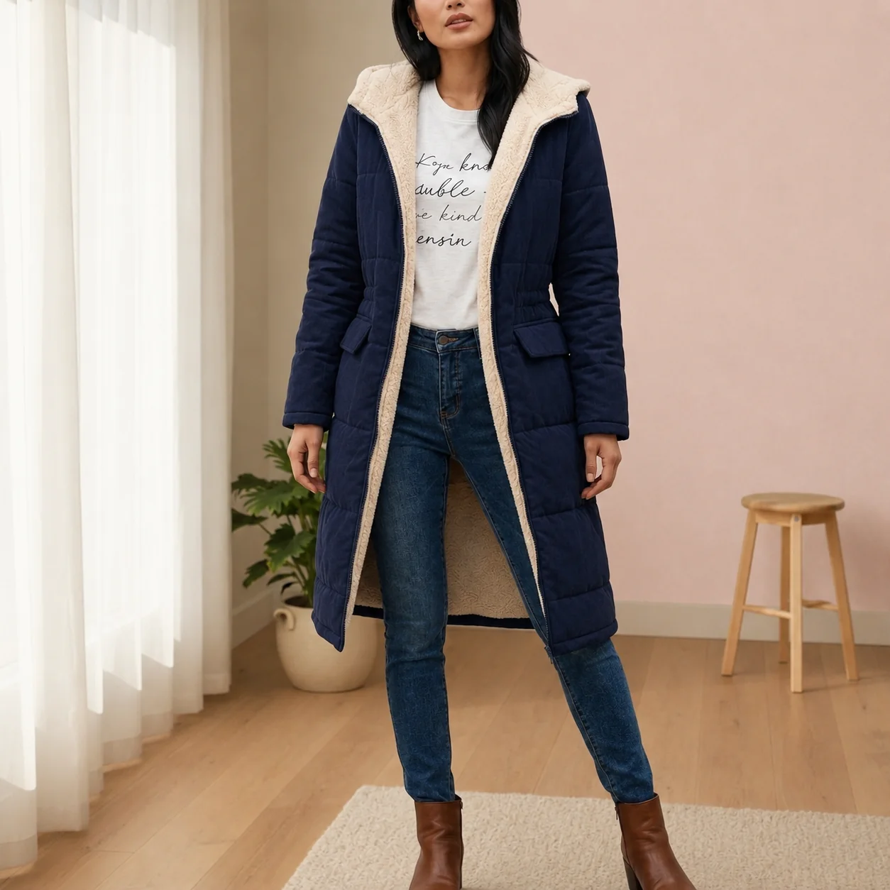 Lange Daunenjacke Damen mit Kapuze und kuscheligem Futter | J&B