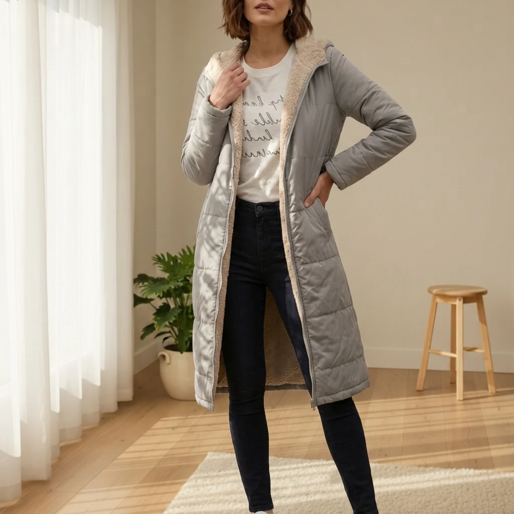 Lange Daunenjacke Damen mit Kapuze und kuscheligem Futter | J&B