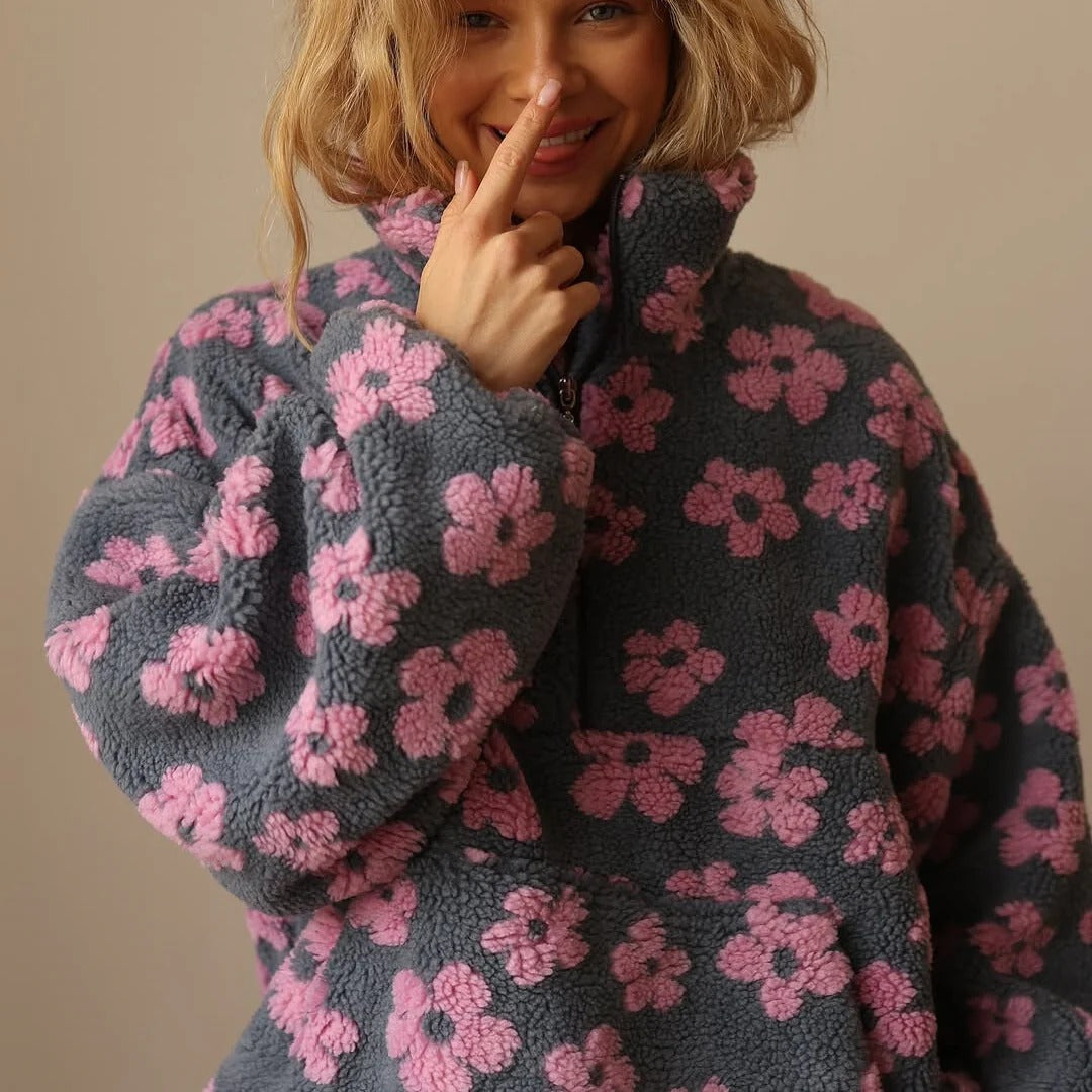 Damenjacke im Oversize-Schnitt mit Blumenmuster und Halbreißverschluss | J&B