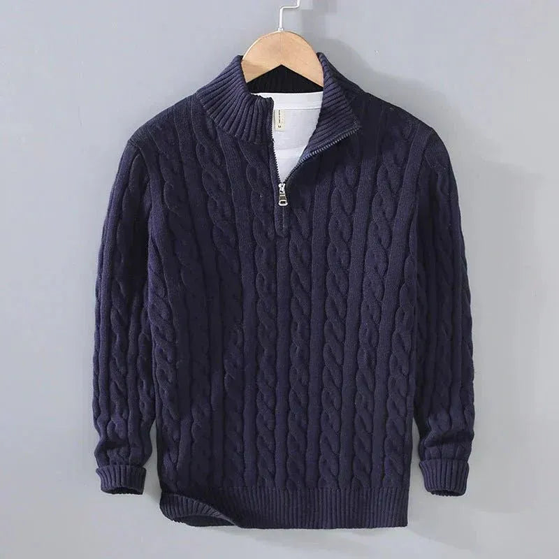 Herren Pullover im Zopfmuster mit Reißverschluss und geripptem Saum | J&B