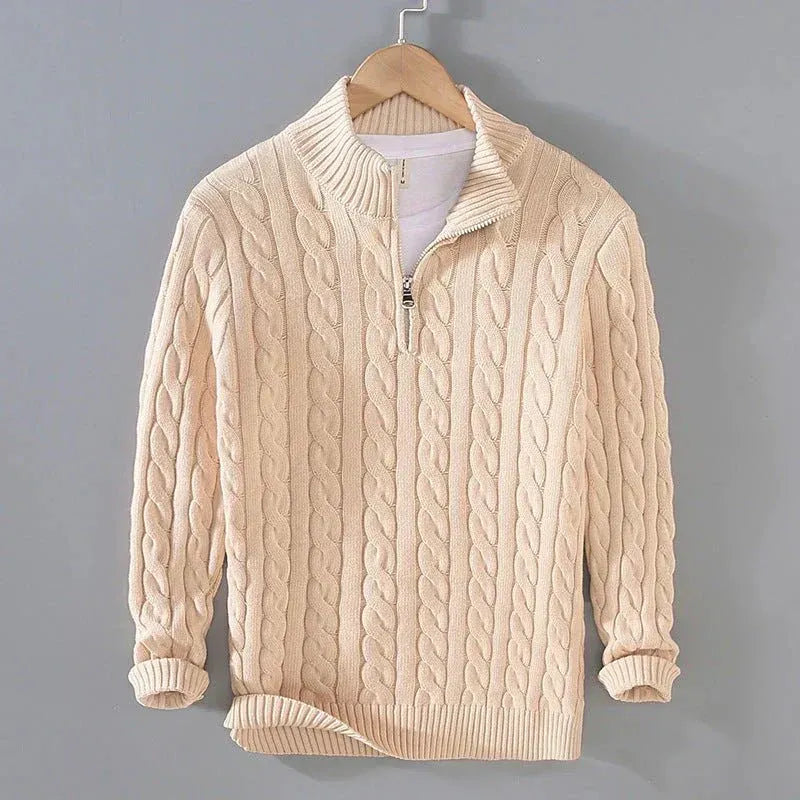 Herren Pullover im Zopfmuster mit Reißverschluss und geripptem Saum | J&B