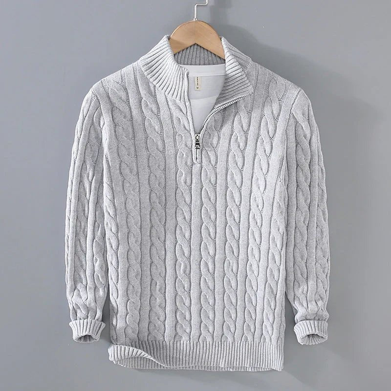 Herren Pullover im Zopfmuster mit Reißverschluss und geripptem Saum | J&B