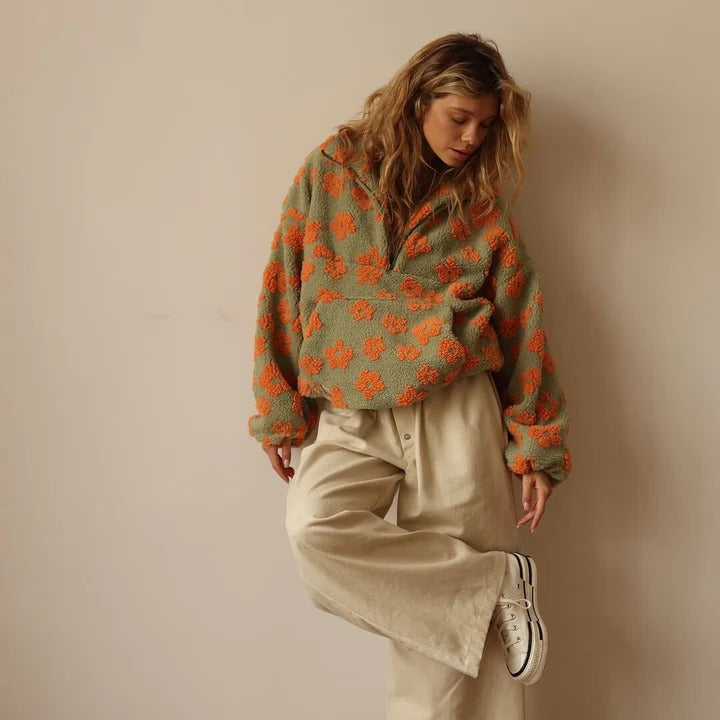 Damenjacke im Oversize-Schnitt mit Blumenmuster und Halbreißverschluss | J&B
