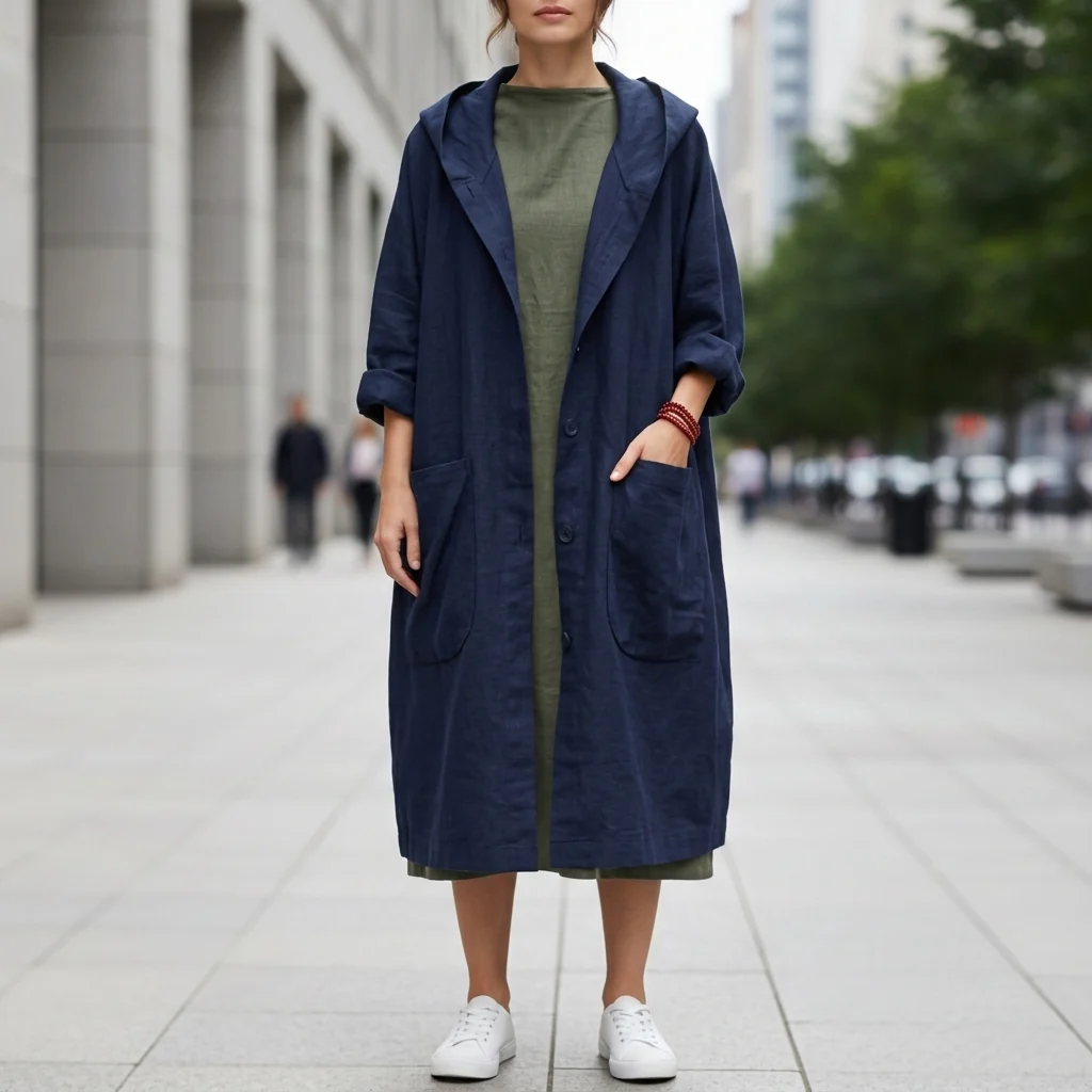 Utility-Jacke Damen, lang geschnitten mit Kapuze und Taschen | J&B