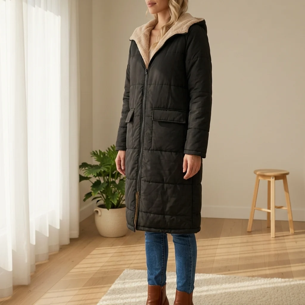 Lange Daunenjacke Damen mit Kapuze und kuscheligem Futter | J&B