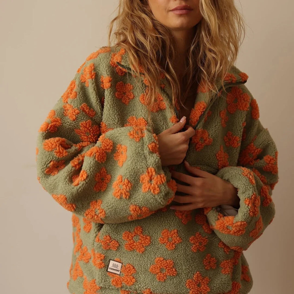 Damenjacke im Oversize-Schnitt mit Blumenmuster und Halbreißverschluss | J&B