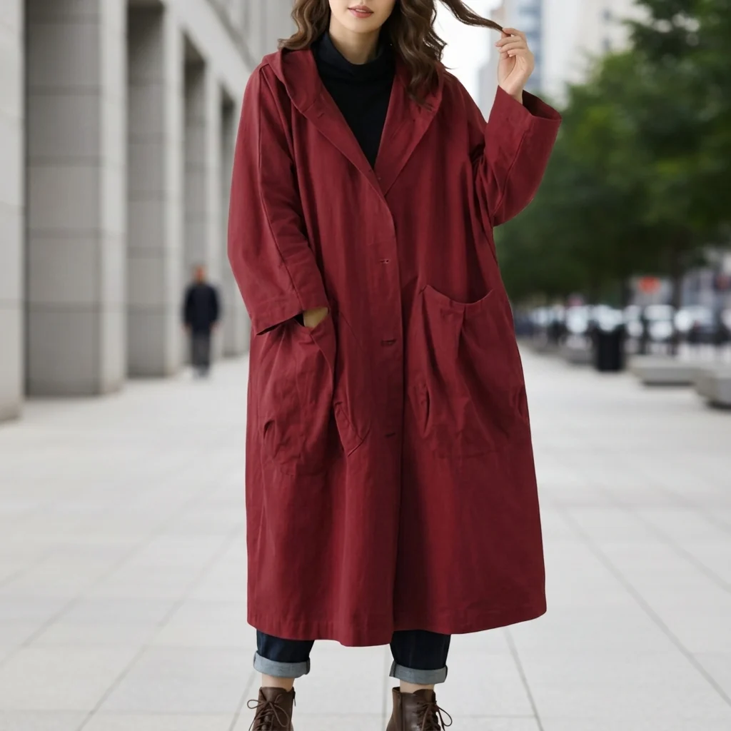 Utility-Jacke Damen, lang geschnitten mit Kapuze und Taschen | J&B
