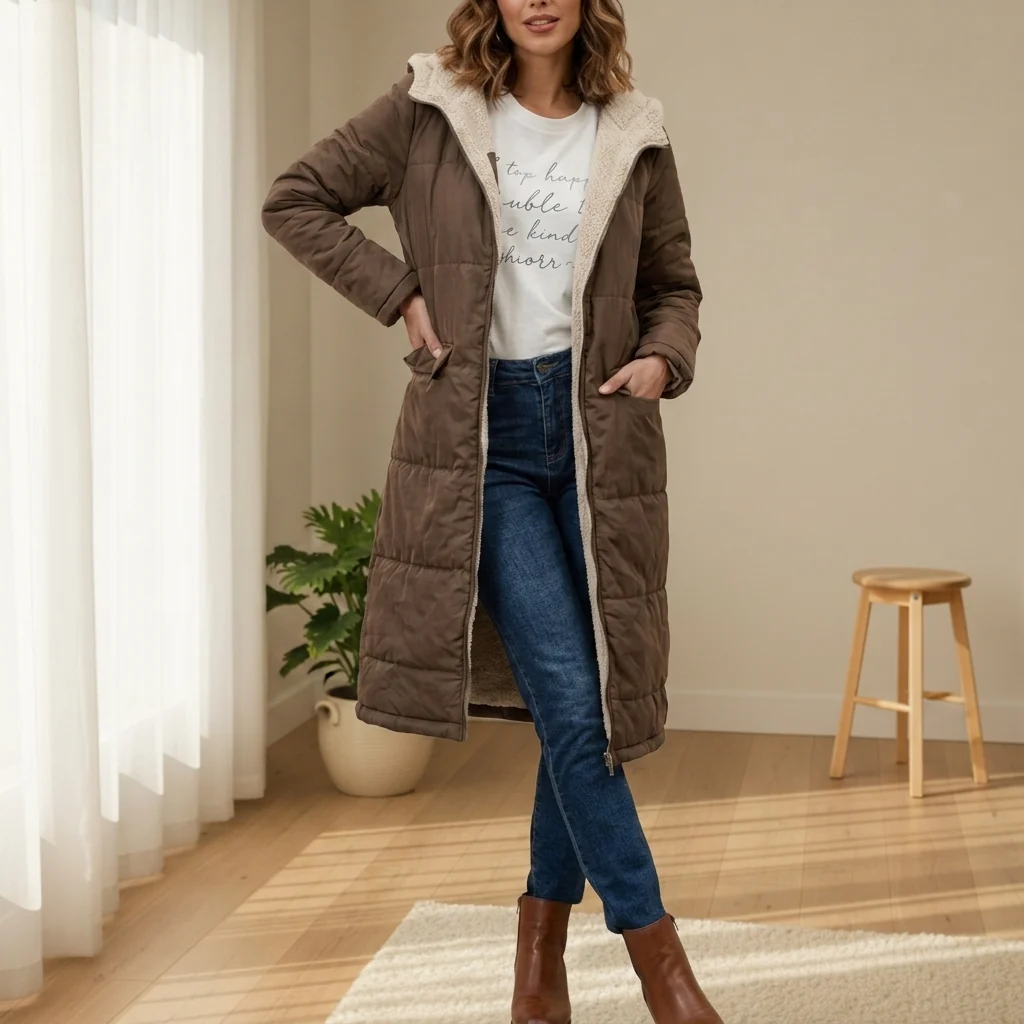 Lange Daunenjacke Damen mit Kapuze und kuscheligem Futter | J&B