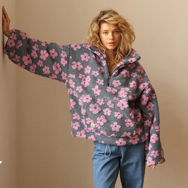 Damenjacke im Oversize-Schnitt mit Blumenmuster und Halbreißverschluss | J&B