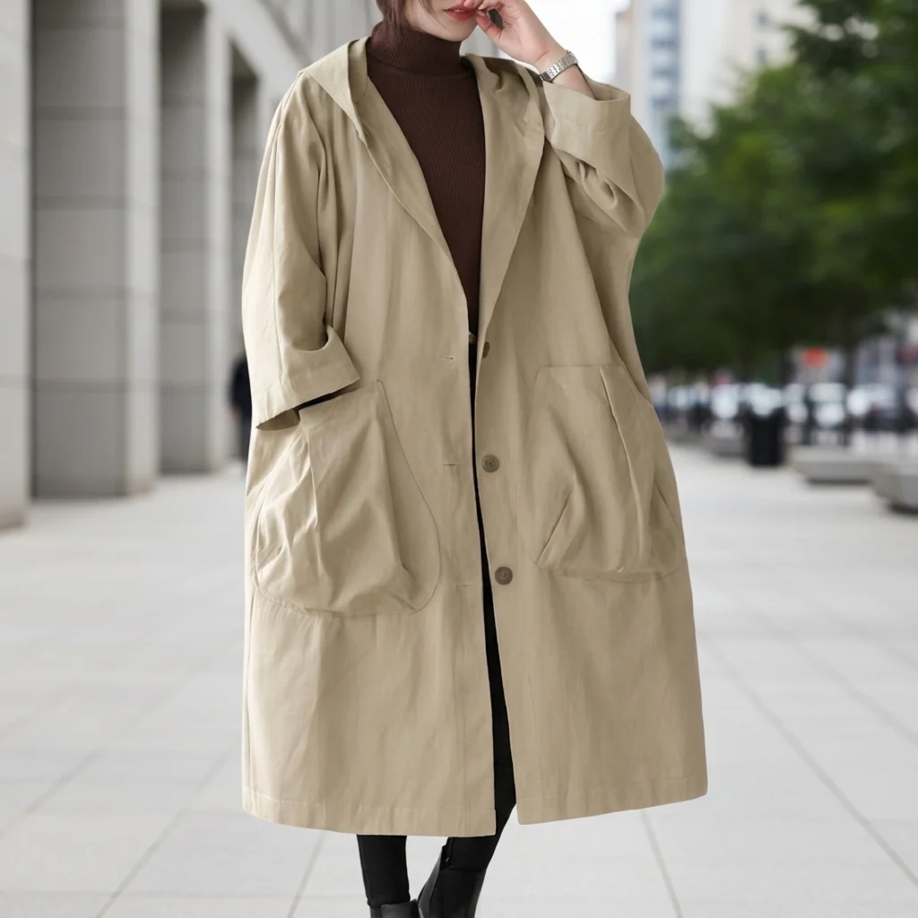 Utility-Jacke Damen, lang geschnitten mit Kapuze und Taschen | J&B