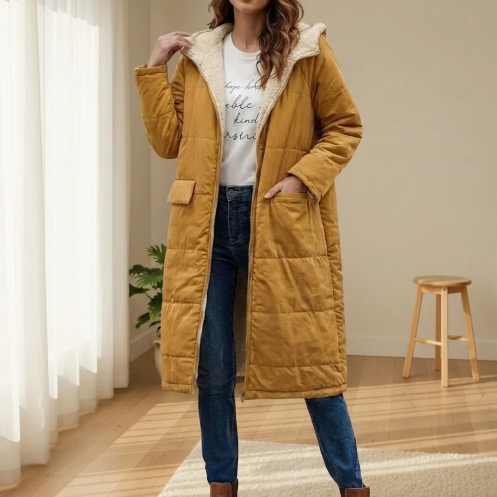 Lange Daunenjacke Damen mit Kapuze und kuscheligem Futter | J&B