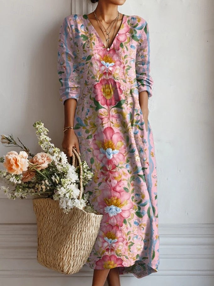 Brigitte – Floral V-neckline with Long Sleeves Dress - Image 1