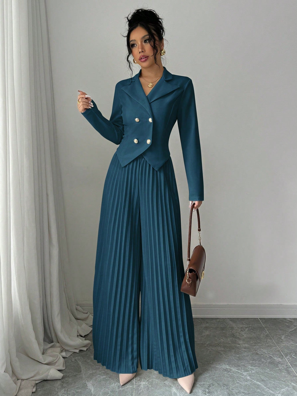 Melanie – Stylish Pleated Double-Breasted Jumpsuit - Image 14