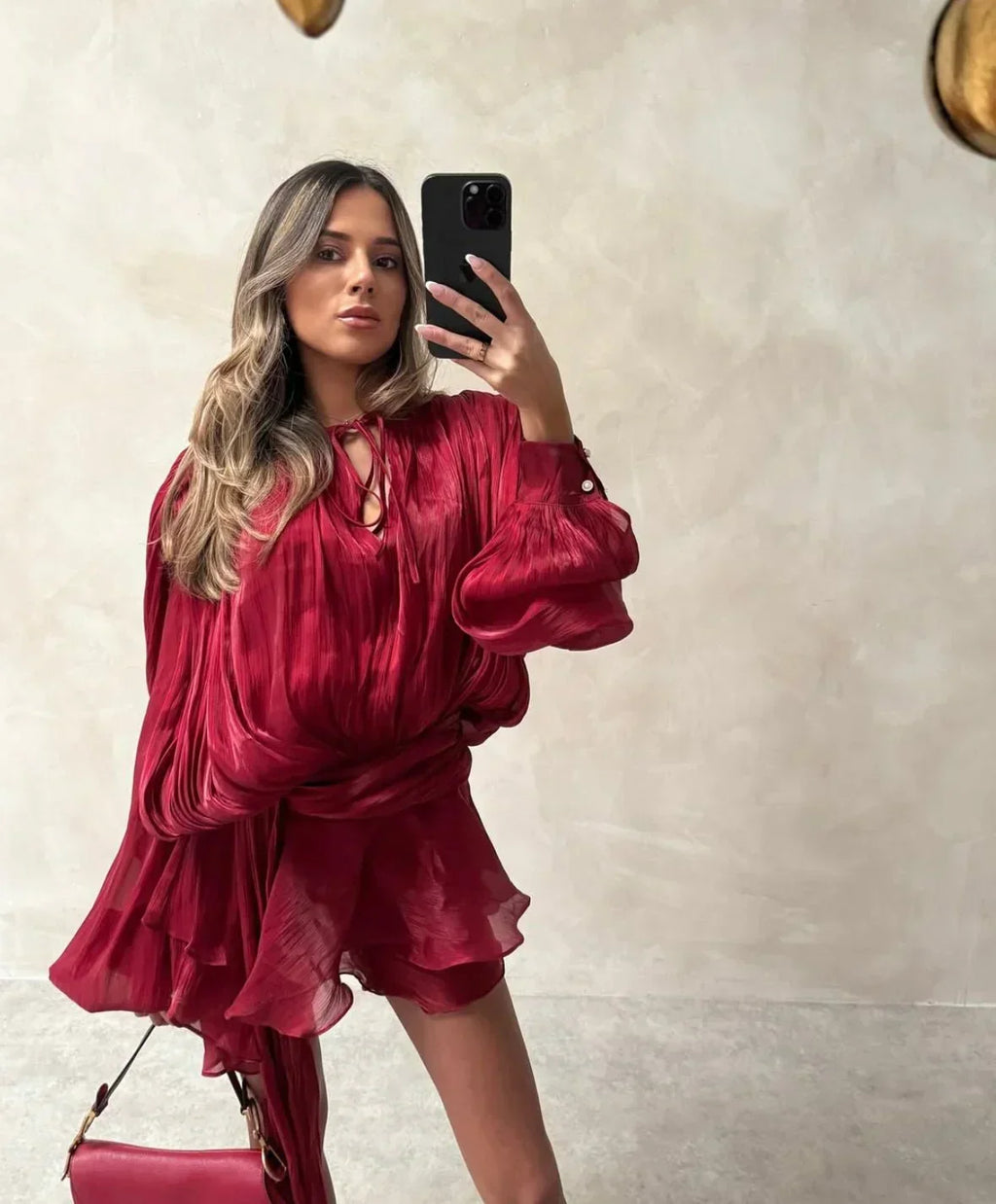 Stefanie – Elegant Puff Sleeves with Pleats Dress - Image 8