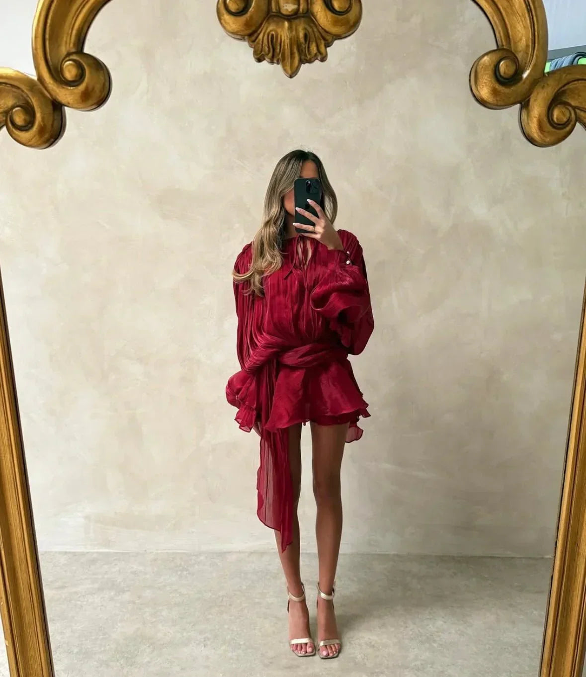 Stefanie – Elegant Puff Sleeves with Pleats Dress - Image 7