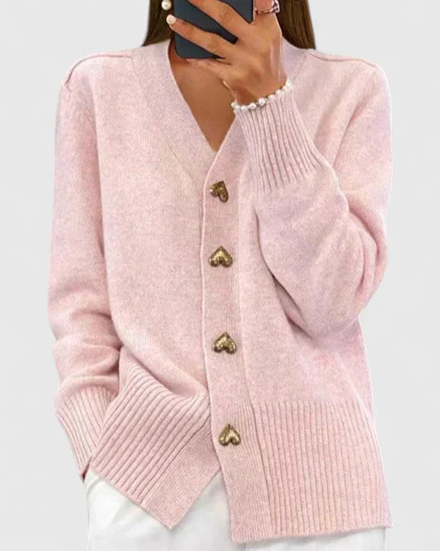 Cardigan Damen mit herzförmigen Knöpfen und V-Ausschnitt | J&B - 3 - Jasminaboutique.com